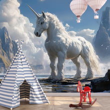 Load image into Gallery viewer, Majestic Unicorn Wall Mural - Fantasy Mountain Wallpaper - Peel and Stick Wall Art for Kids Room, Living Room, or Magical Decor Vn026