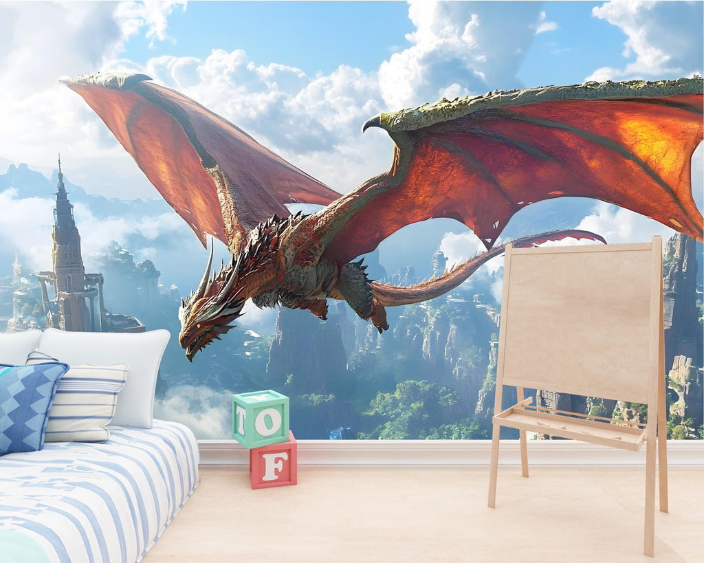 Majestic Flying Dragon Wall Mural - Fantasy Art Wallpaper for Kids Rooms, Playrooms, Living Rooms - Peel & Stick or Non-Woven Options Vn028