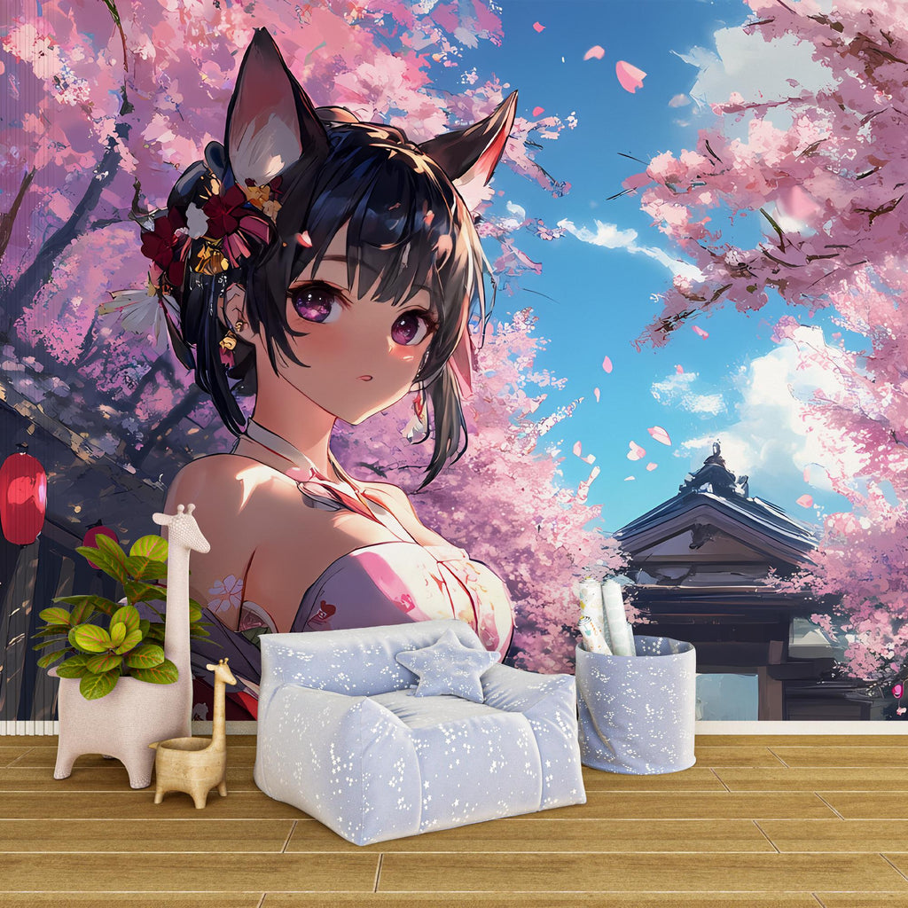 Anime Girl Wall Mural - Cherry Blossom Peel and Stick Wallpaper for Bedrooms, Living Spaces, and Studios - Elegant Japanese Girl Art Vn030