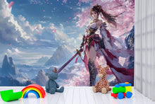 Load image into Gallery viewer, Warrior Princess Wall Mural - Epic Fantasy Artwork with Cherry Blossom Backdrop - Stunning Japanese-Inspired Peel and Stick Wallpaper Vn031