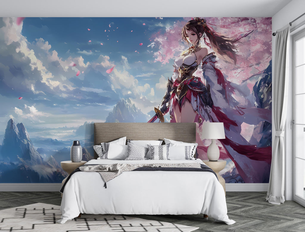 Warrior Princess Wall Mural - Epic Fantasy Artwork with Cherry Blossom Backdrop - Stunning Japanese-Inspired Peel and Stick Wallpaper Vn031