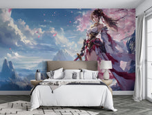 Load image into Gallery viewer, Warrior Princess Wall Mural - Epic Fantasy Artwork with Cherry Blossom Backdrop - Stunning Japanese-Inspired Peel and Stick Wallpaper Vn031