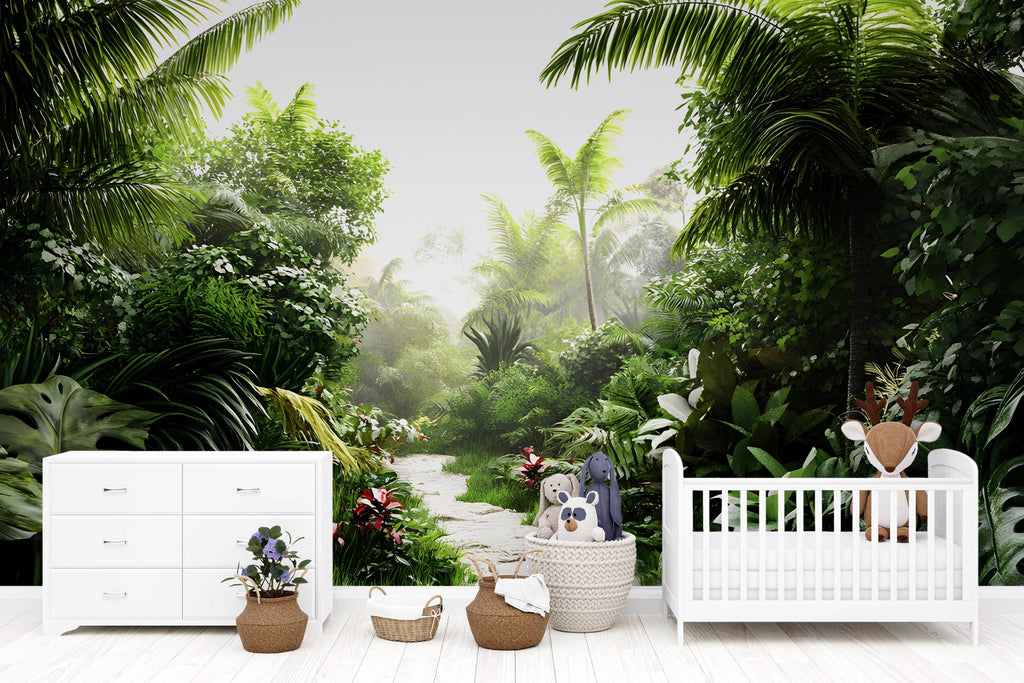 Watercolor Jungles Nursery Wallpaper, Jungle Wall Decal, Watercolor Nursery Jungles Wallpaper, Colorful Forest Wallpaper vn045
