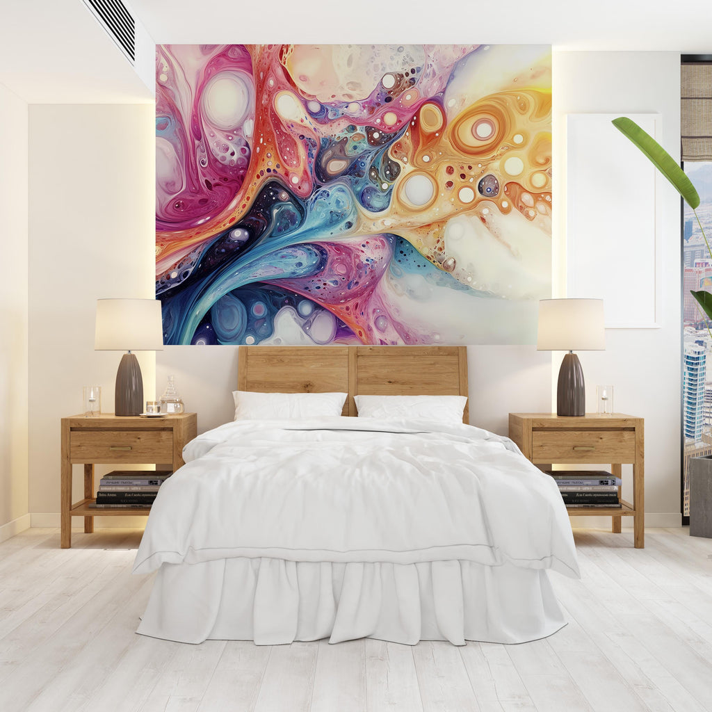 Abstract wallpaper, colorful liquid swirls and bubbles, modern art-style living room wall mural, Abstract Colorful Wallpaper Decal, vn050