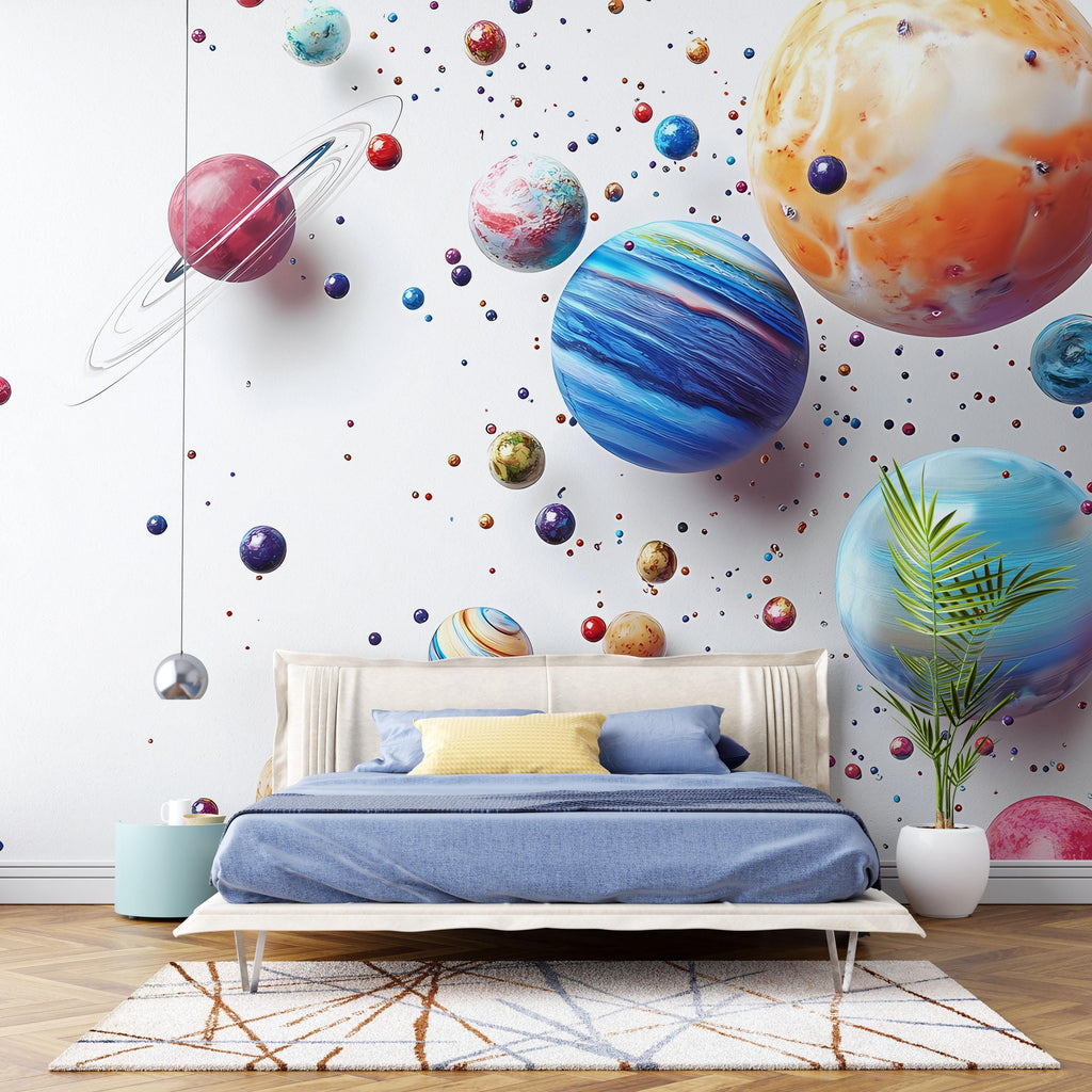 Planets 3D Wallpaper, Space Theme Wallpaper, Planets with Vibrant Colors Wallpaper, Planets Wall Decal, Space Wallpaer, Space Art vn051