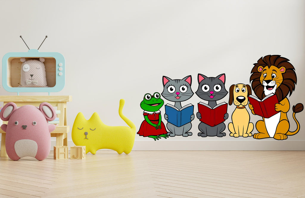 Colorful Animal Wall Decal for Kids Reading Corner - Frog, Cats, Dog and Lion Reading Books - Nursery Decor & Playful Wall Art - Gift 519LU