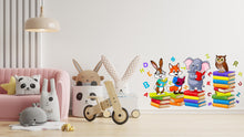 Load image into Gallery viewer, Colorful Animal Wall Decal for Kids Reading Corner - Rabbit, Fox, Elephant and Bird Reading Books - Nursery Decor &amp; Playful Wall Art 520LU