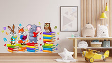 Load image into Gallery viewer, Colorful Animal Wall Decal for Kids Reading Corner - Rabbit, Fox, Elephant and Bird Reading Books - Nursery Decor &amp; Playful Wall Art 520LU