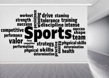 Load image into Gallery viewer, Sports word cloud wall decal, Motivational fitness decor, Workout inspiration, Strength training, Team spirit, Athletic performance 521LU