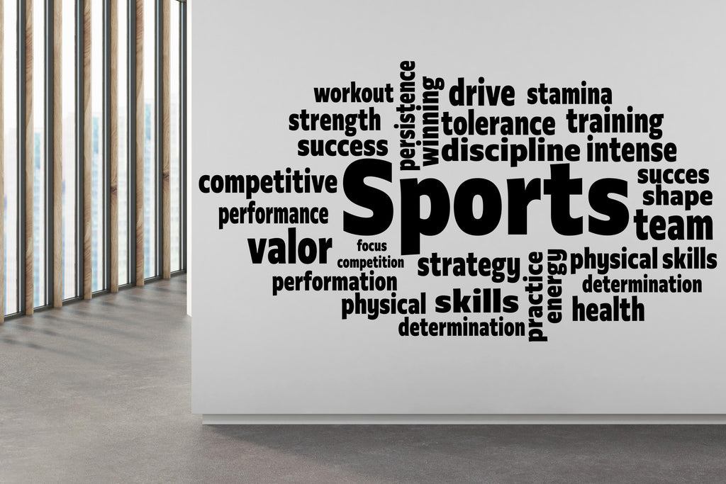 Sports word cloud wall decal, Motivational fitness decor, Workout inspiration, Strength training, Team spirit, Athletic performance 521LU