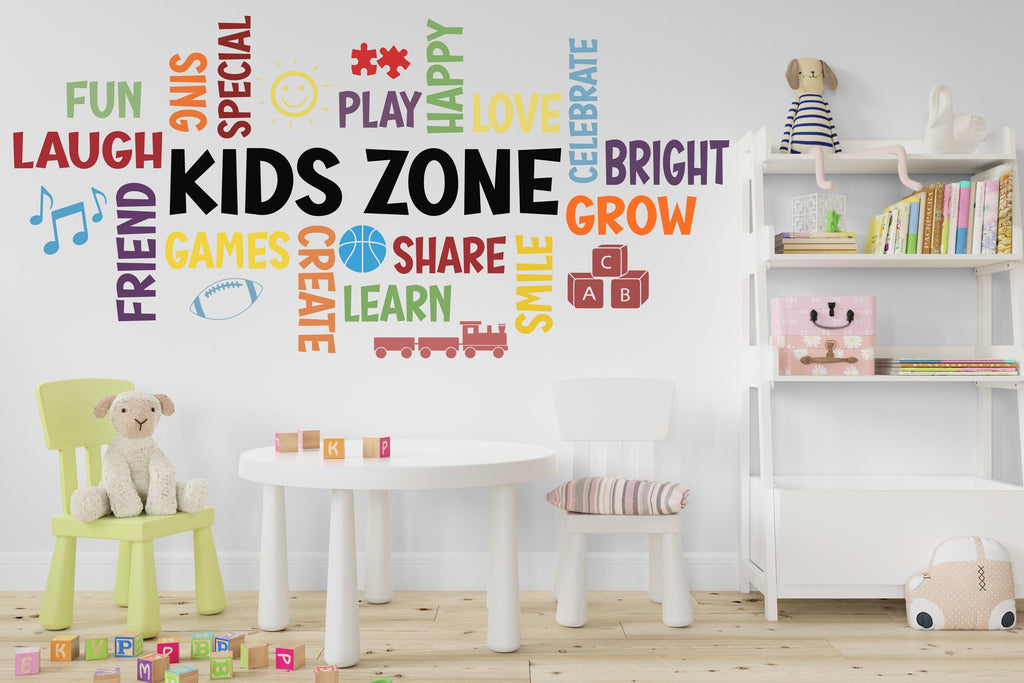 Kids Zone Word Cloud Wall Decal - Play, Learn, Grow, Fun & More - Colorful Nursery Decor with Icons for Child's Room - Classrooms 526LU