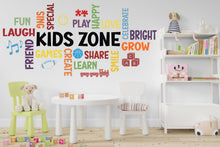 Load image into Gallery viewer, Kids Zone Word Cloud Wall Decal - Play, Learn, Grow, Fun &amp; More - Colorful Nursery Decor with Icons for Child's Room - Classrooms 526LU