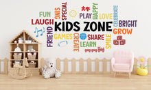 Load image into Gallery viewer, Kids Zone Word Cloud Wall Decal - Play, Learn, Grow, Fun &amp; More - Colorful Nursery Decor with Icons for Child's Room - Classrooms 526LU