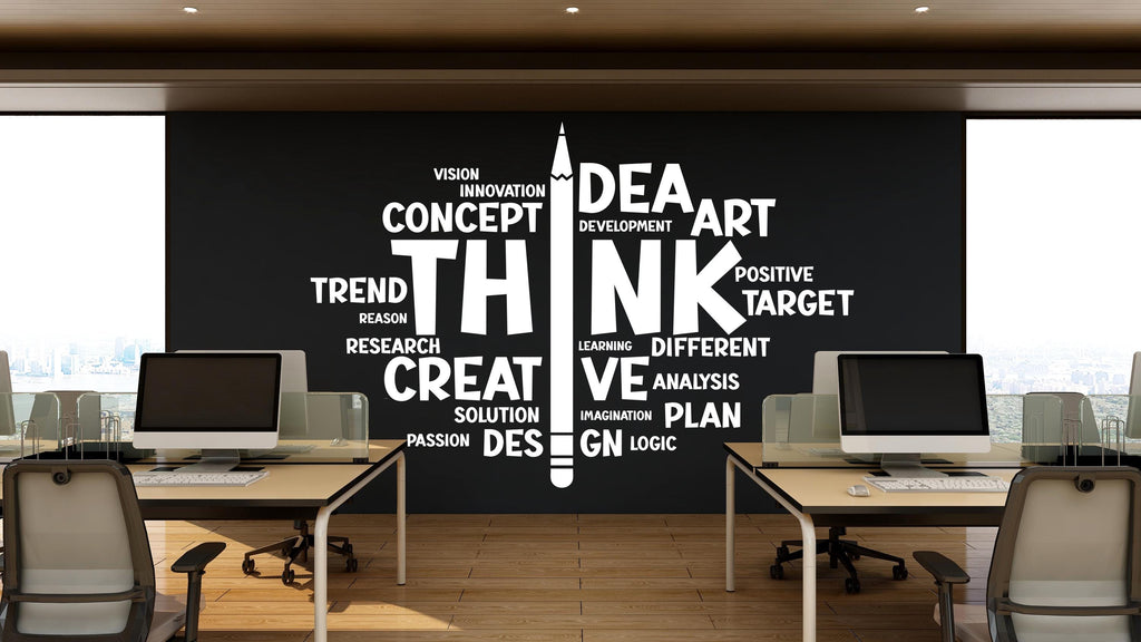 Think Word Cloud Wall Decal - Office Decor, Creative Art, Inspirational Words - Unique Motivational Wall Art for Workspaces - Idea 528LU