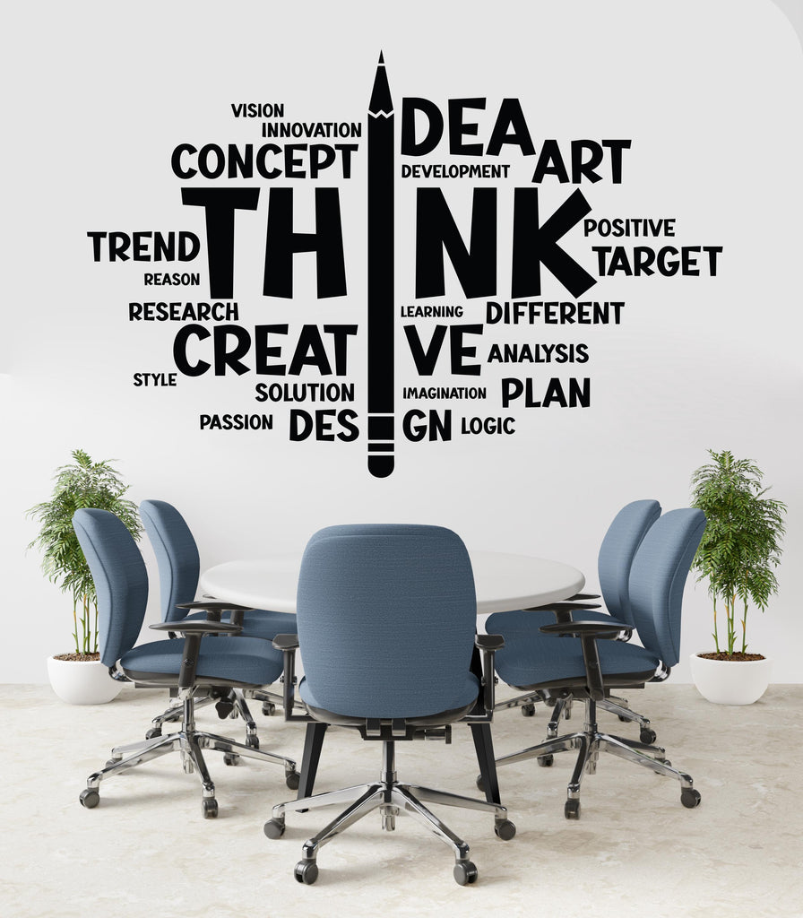 Think Word Cloud Wall Decal - Office Decor, Creative Art, Inspirational Words - Unique Motivational Wall Art for Workspaces - Idea 528LU