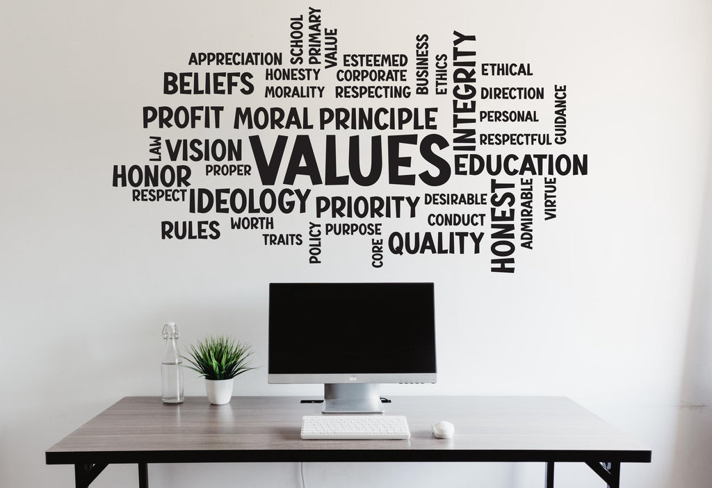 Values Word Cloud Wall Decal - Office Decor, Inspirational Art, Integrity, Vision, Business - Unique Motivational Design, Office Decal 529LU