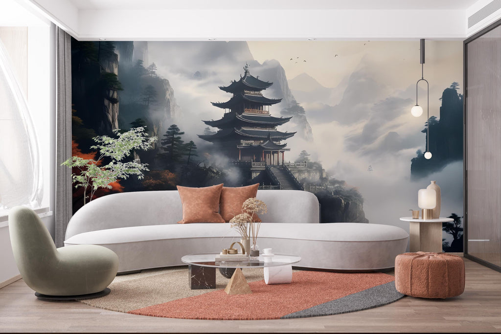 Chinese temple Wall Graphics Peel and Stick Forest room Wallpaper Buddha Self Adhesive Removable nursery wall decor Mural 534RS