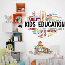 Load image into Gallery viewer, Colorful word cloud wall decal featuring Kids Education at the center, surrounded by words like school, learning, success, knowledge. Perfect for kids school decor, playrooms, and study rooms enhancing educational environments with inspiring words.