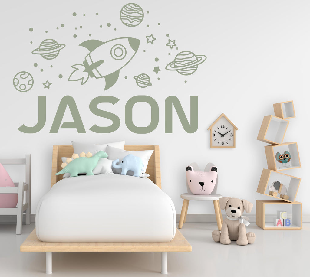Large Kids Name With Rocket Planets and Stars Wall Decal Planet Wall Sticker Constellation Art Space Wall Decal Rocket Room Gift Vinyl 533LU