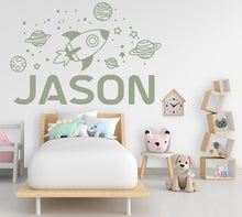 Load image into Gallery viewer, Large Kids Name With Rocket Planets and Stars Wall Decal Planet Wall Sticker Constellation Art Space Wall Decal Rocket Room Gift Vinyl 533LU