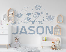 Load image into Gallery viewer, Large Kids Name With Rocket Planets and Stars Wall Decal Planet Wall Sticker Constellation Art Space Wall Decal Rocket Room Gift Vinyl 533LU