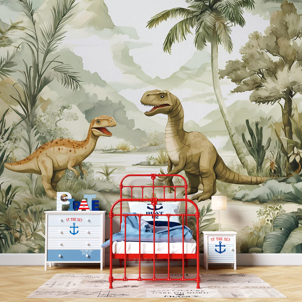 Dinosaur Wall Mural - Peel and Stick Kids Room Wallpaper - Jungle T-Rex Wall Art - Removable Dinosaur Nursery Decor - Kids Wall Mural Vn005