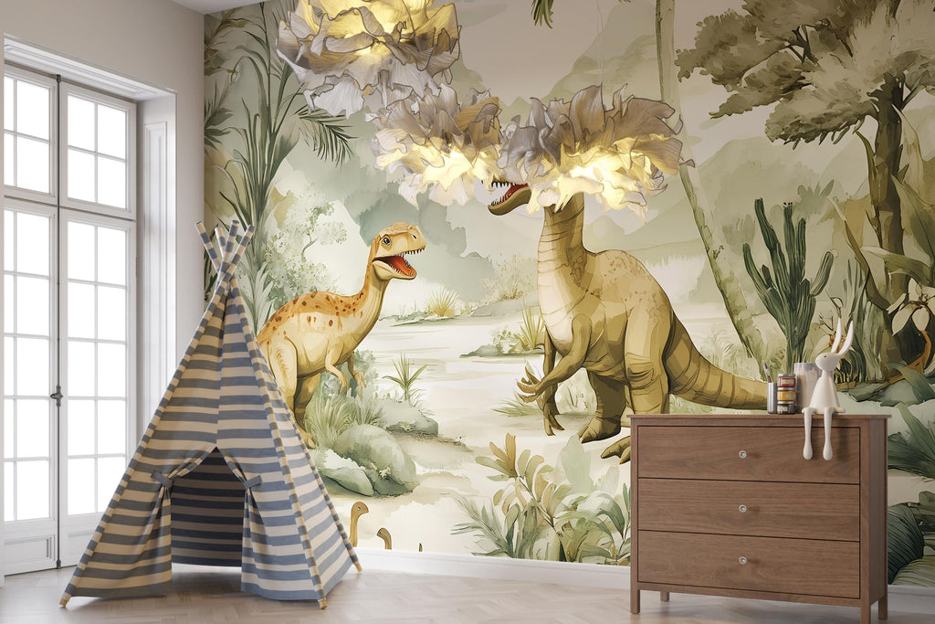 Dinosaur Wall Mural - Peel and Stick Kids Room Wallpaper - Jungle T-Rex Wall Art - Removable Dinosaur Nursery Decor - Kids Wall Mural Vn005