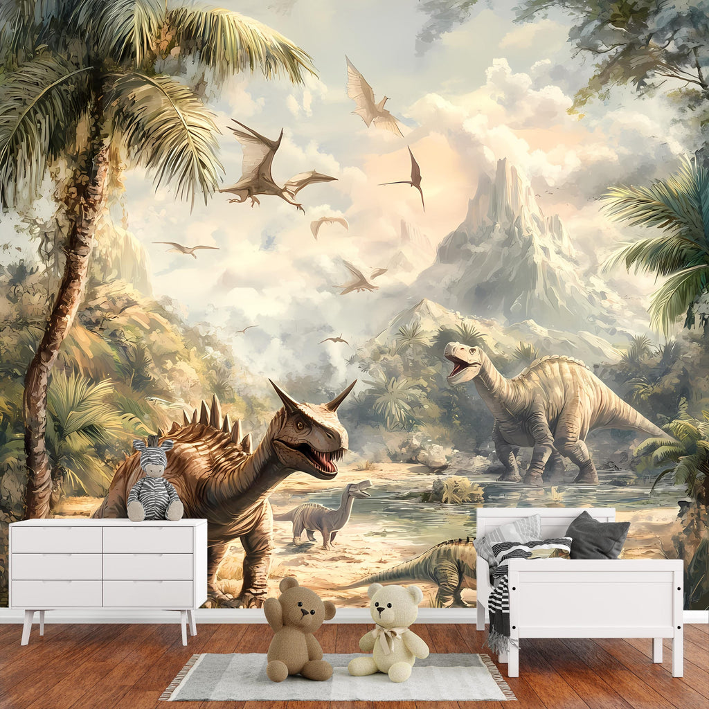 Dinosaur Wall Mural - Jungle Prehistoric Kids Room Wallpaper - Peel and Stick Dinosaur Decor - Non-Woven Wallpaper for Nursery Vn006