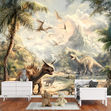 Load image into Gallery viewer, Dinosaur Wall Mural - Jungle Prehistoric Kids Room Wallpaper - Peel and Stick Dinosaur Decor - Non-Woven Wallpaper for Nursery Vn006
