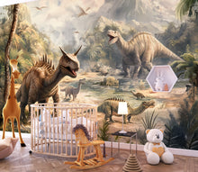 Load image into Gallery viewer, Dinosaur Wall Mural - Jungle Prehistoric Kids Room Wallpaper - Peel and Stick Dinosaur Decor - Non-Woven Wallpaper for Nursery Vn006
