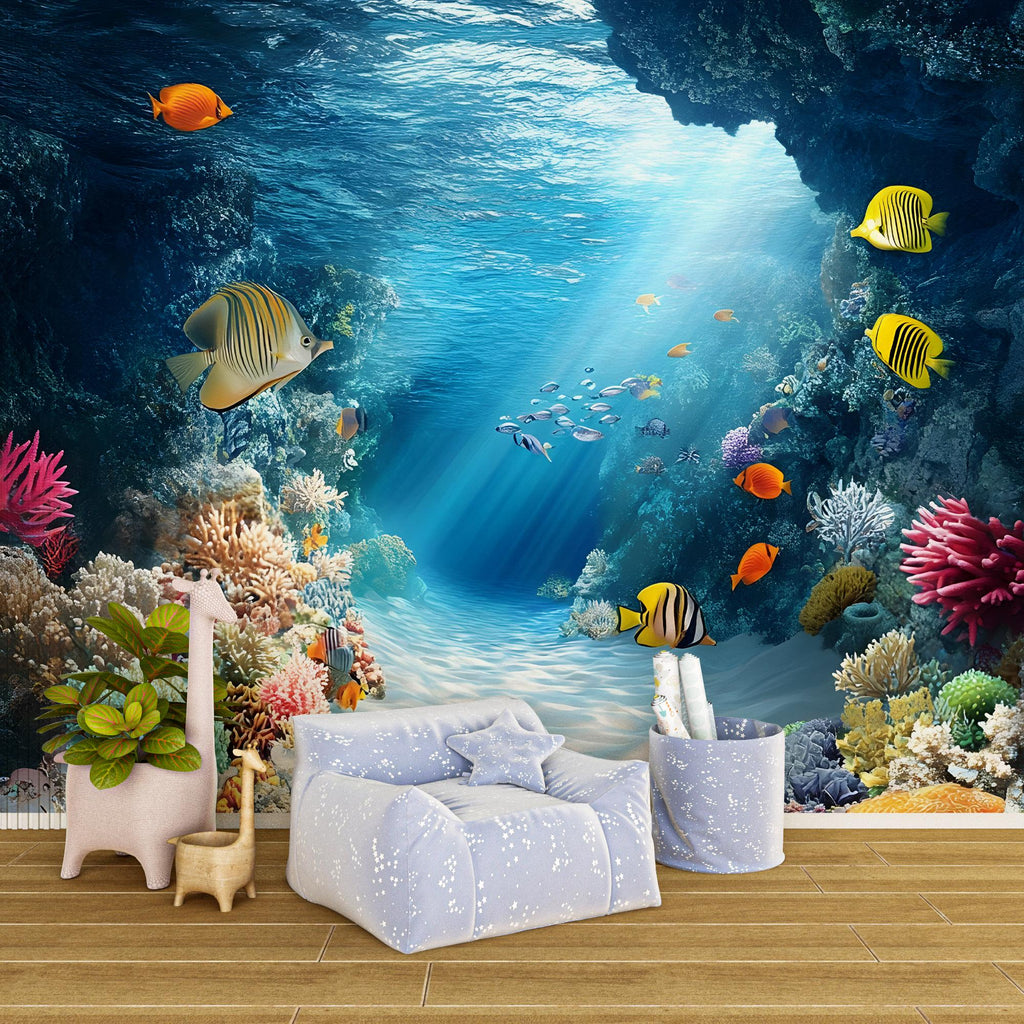 Ocean Wallpaper - Underwater Reef Wall Mural - Tropical Fish Wall Art - Peel and Stick Marine Life Wallpaper - Coastal Wall Decor Vn008