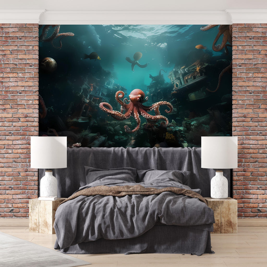 Octopus Wall Mural - Underwater Ocean Wallpaper - Marine Life Wall Art - Peel and Stick Octopus Decor - Deep Sea Wall Mural Bedroom Vn009