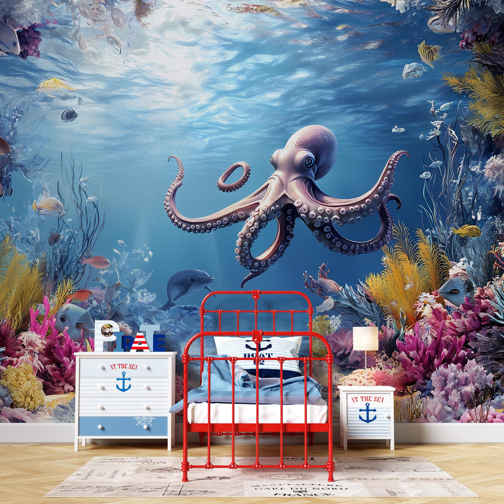 Peel and Stick Octopus Wallpaper - Deep Sea Decor Wall Mural - Underwater Ocean Wallpaper - Marine Life Wall Art - Bedroom Wall Mural Vn010