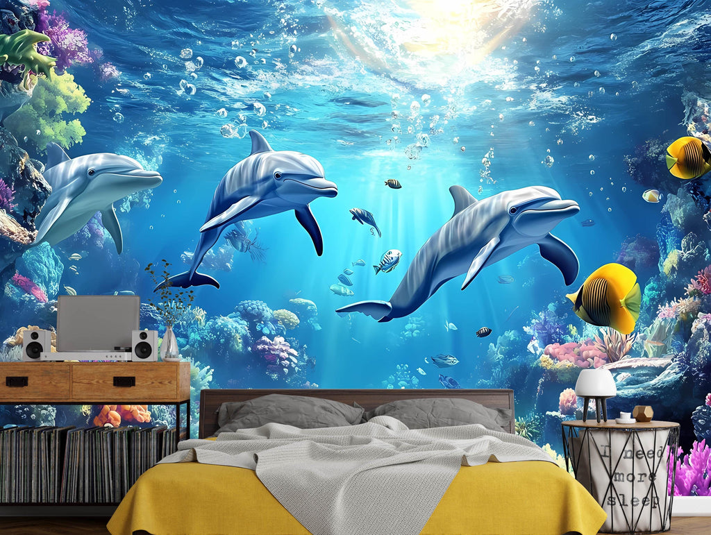 Watercolor Dolphin Wallpaper - Peel and Stick Wall Mural - Ocean Nursery Decor - Underwater Kids Room Wall Art - Dolphin Wall Decor Vn011