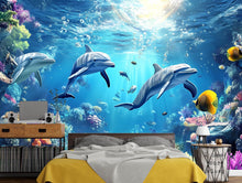 Load image into Gallery viewer, Watercolor Dolphin Wallpaper - Peel and Stick Wall Mural - Ocean Nursery Decor - Underwater Kids Room Wall Art - Dolphin Wall Decor Vn011