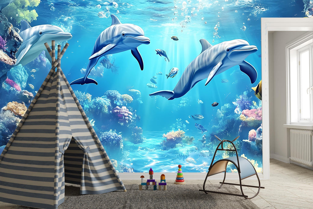 Watercolor Dolphin Wallpaper - Peel and Stick Wall Mural - Ocean Nursery Decor - Underwater Kids Room Wall Art - Dolphin Wall Decor Vn011