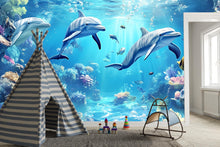 Load image into Gallery viewer, Watercolor Dolphin Wallpaper - Peel and Stick Wall Mural - Ocean Nursery Decor - Underwater Kids Room Wall Art - Dolphin Wall Decor Vn011
