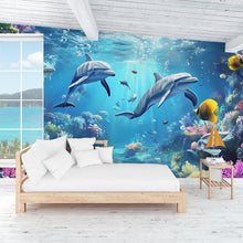 Load image into Gallery viewer, Watercolor Dolphin Wallpaper - Peel and Stick Wall Mural - Ocean Nursery Decor - Underwater Kids Room Wall Art - Dolphin Wall Decor Vn011