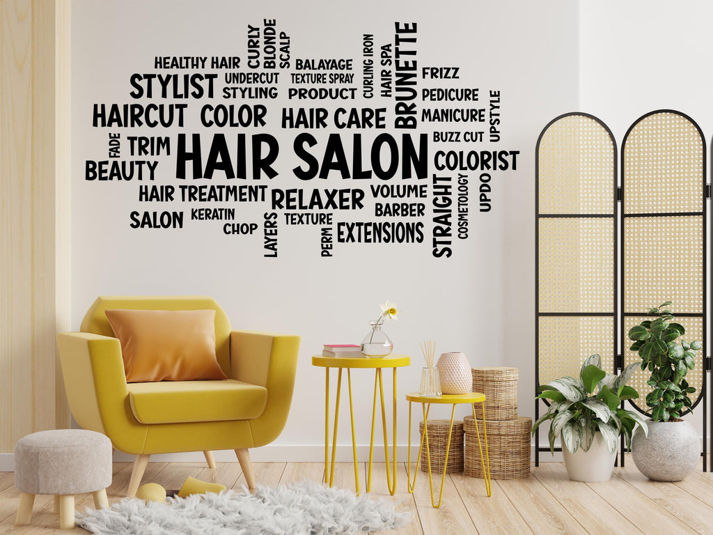 Custom Hair Salon Word Cloud Wall Decal – Stylish Beauty & Hairdressing Decor for Salons, Barbershops, and Home Studios 553LU