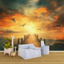 Load image into Gallery viewer, Sunset Pier Wall Mural - Golden Hour Wallpaper - Ocean Sunset Wall Art - Peel and Stick Sunset Decor - Removable Wall Mural Bedroom Vn013