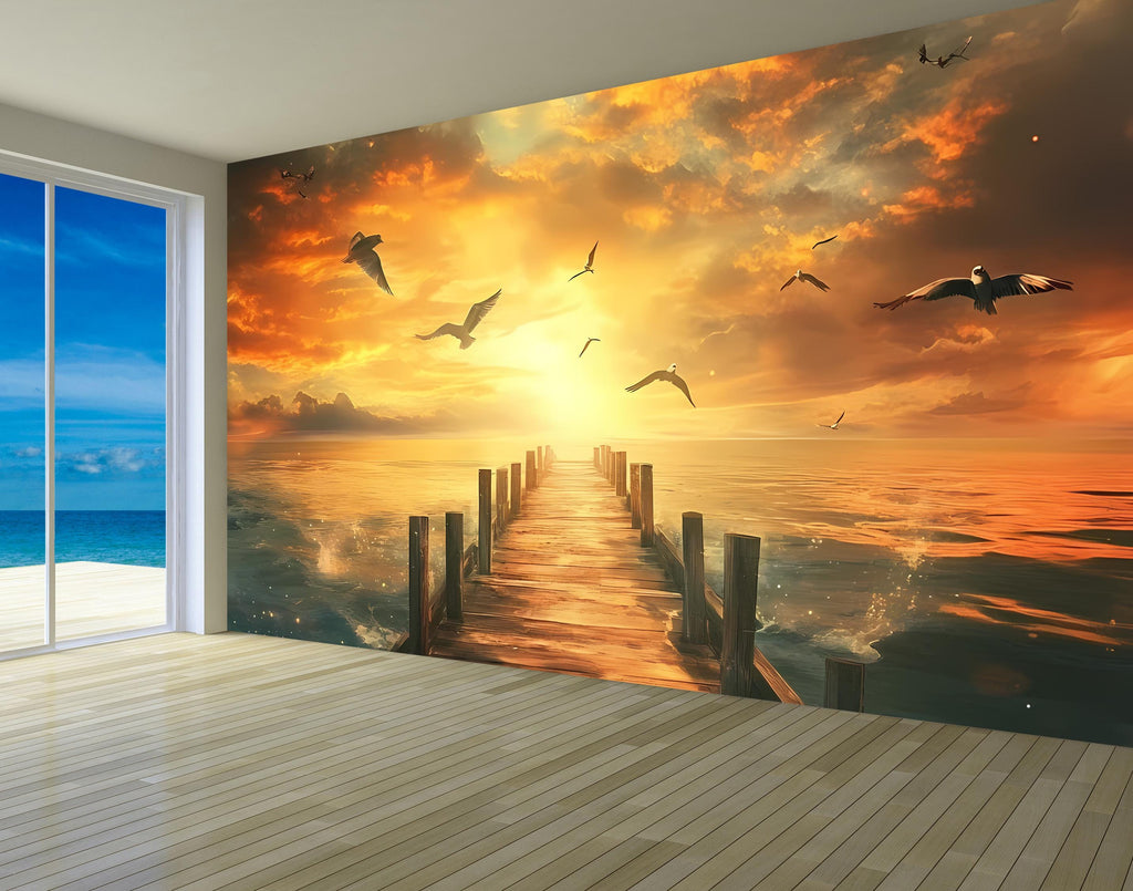 Sunset Pier Wall Mural - Golden Hour Wallpaper - Ocean Sunset Wall Art - Peel and Stick Sunset Decor - Removable Wall Mural Bedroom Vn013