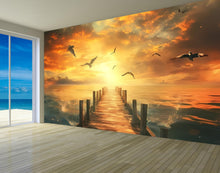 Load image into Gallery viewer, Sunset Pier Wall Mural - Golden Hour Wallpaper - Ocean Sunset Wall Art - Peel and Stick Sunset Decor - Removable Wall Mural Bedroom Vn013