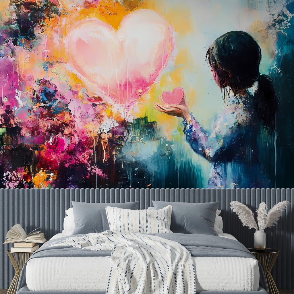Heart Wall Mural - Abstract Love Wallpaper - Girl & Heart Wall Art - Romantic Peel and Stick Wallpaper - Colored Wall Bedroom Decor Vn015