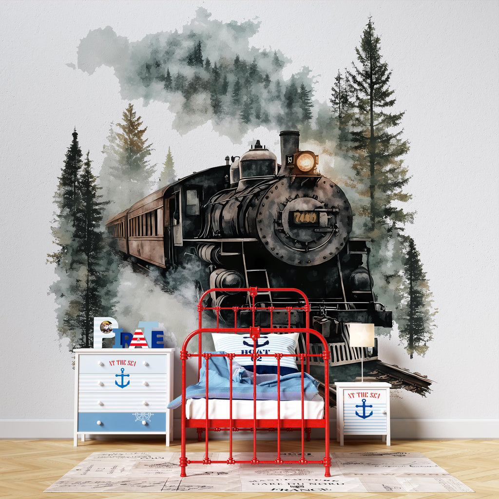 Steam Train Wall Decal – Black Vintage Locomotive Sticker – Rustic Peel and Stick Train Decor for Boys Room, Nursery or Playroom Wall Art