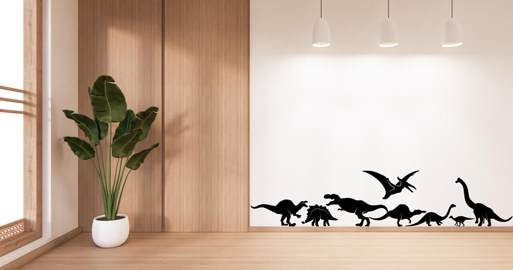 Dinosaur Wall Decal, Silhouette Illustration of T-Rex, Pterodactyl, Brachiosaurus & More – Jurassic-Themed Nursery or Kids Room Decor 538LU
