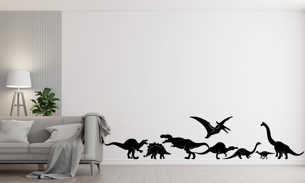 Dinosaur Wall Decal, Silhouette Illustration of T-Rex, Pterodactyl, Brachiosaurus & More – Jurassic-Themed Nursery or Kids Room Decor 538LU