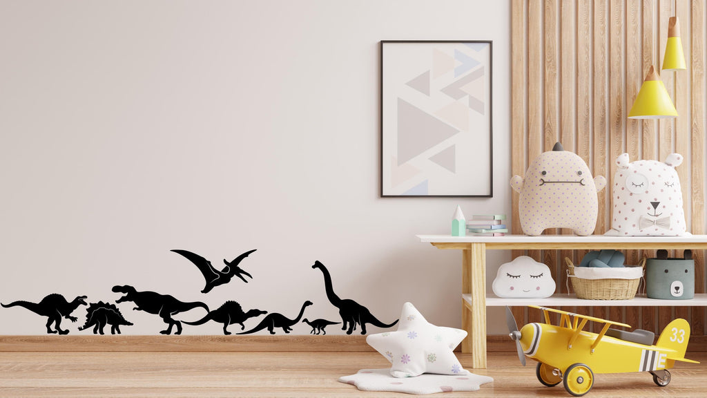 Dinosaur Wall Decal, Silhouette Illustration of T-Rex, Pterodactyl, Brachiosaurus & More – Jurassic-Themed Nursery or Kids Room Decor 538LU