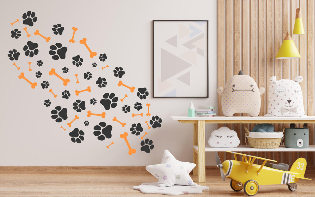 Dog Paw Print Bone Wall Decal - Pet Lover's Wall Decor, Vinyl Sticker for Grooming Salon, Pet Care, Living Room, Bedroom or Nursery 563LU