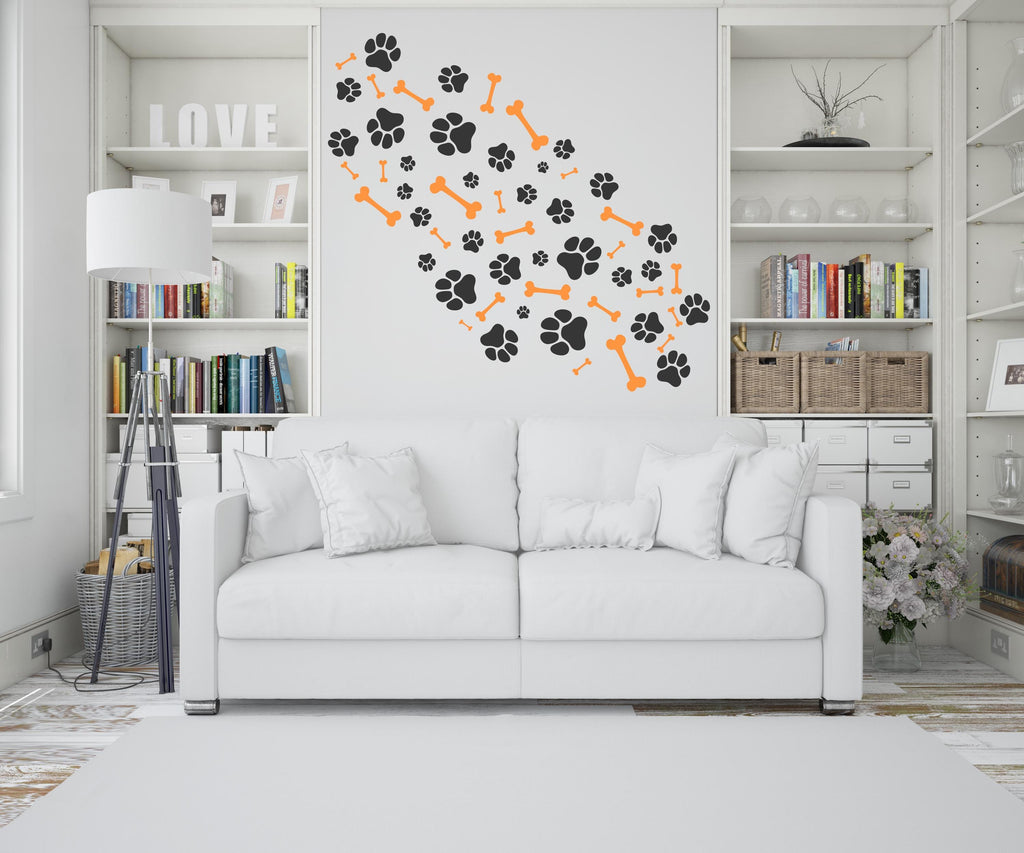 Dog Paw Print Bone Wall Decal - Pet Lover's Wall Decor, Vinyl Sticker for Grooming Salon, Pet Care, Living Room, Bedroom or Nursery 563LU