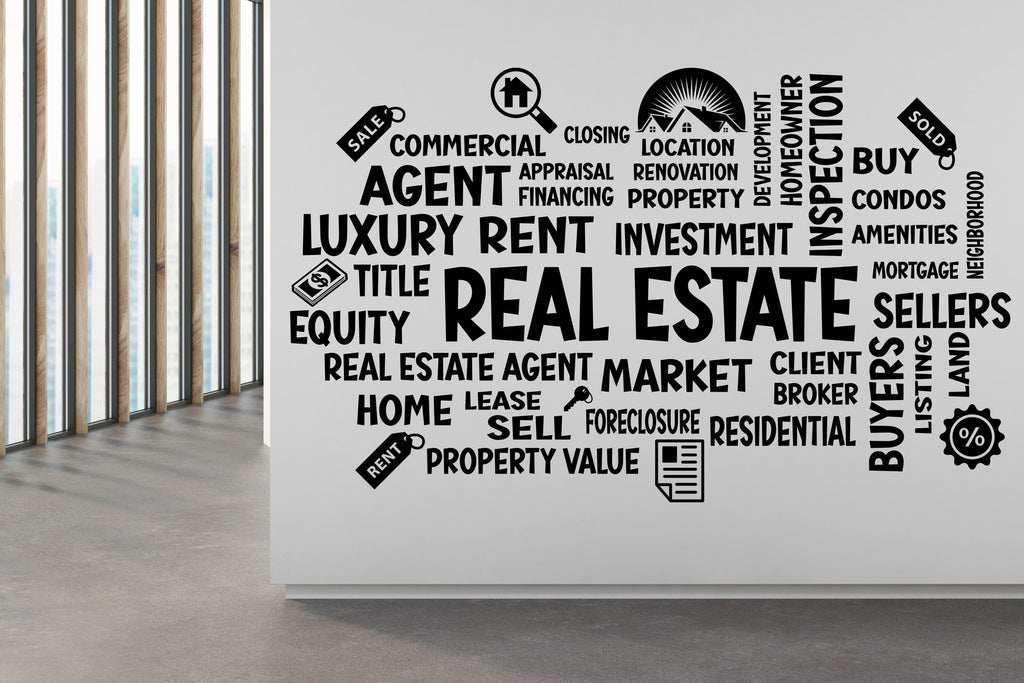 Real Estate Vinyl Wall Decal, Agent Realtor Broker Agency Office Idea Window Business Decor Art Sticker Mural, Real Estate word cloud 565LU